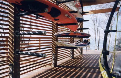 modern garage and shed by BAAN design Under Deck Storage, Boathouse Design, Surfboard Storage, Kayak Storage Rack, Surfboard Rack, Modern Shed, Deck Storage, Kayak Storage, Under Decks