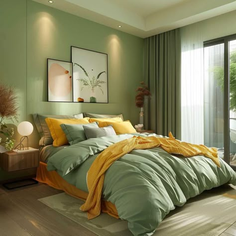 21+ Fresh Room Ideas with Green and Yellow Color Schemes • 333+ Art Images Green Bedroom Yellow Bed, Yellow Color Bedroom Ideas, Yellow And Green Bedding, Olive And Yellow Bedroom, Sage Green Yellow Bedroom, Green And Yellow Room Aesthetic, Bright Green Bedroom Ideas, Lime Green Room Ideas Bedroom, Sage And Yellow Bedroom