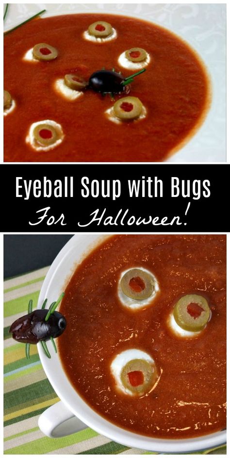 Eyeball Soup with Bugs for your Halloween dinner recipe! This is tomato soup with floating cheese and olive eyeballs and a kalamata olive bug. #tomato #soup #recipe #halloween #party #RecipeGirl #spooky #creepy via @recipegirl Spaghetti And Eyeballs Recipe, Halloween Tomato Soup, Eyeball Soup Halloween, Eyeball Spaghetti, Eyeball Food Ideas, Eyeball Appetizer, Halloween Soup, Halloween Platter, Spooky Dinner