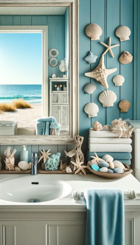 21 Stunning Beach Decor Ideas to Transform Your Home 🌊🏠 Seahorse Bathroom Decor, Coastal Bathroom Towels, Beach Vibe Bathroom, Beach House Windows, Beach Theme House, Ocean Bathroom Ideas, Summer Bathroom Decor, Beach Bathroom Ideas, Small Coastal Bathroom Ideas