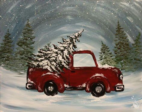 Truck & Tree Christmas Paintings On Canvas, Christmas Red Truck, Painting Party, Holiday Painting, Winter Painting, Christmas Canvas, Christmas Truck, Night Painting, Tole Painting