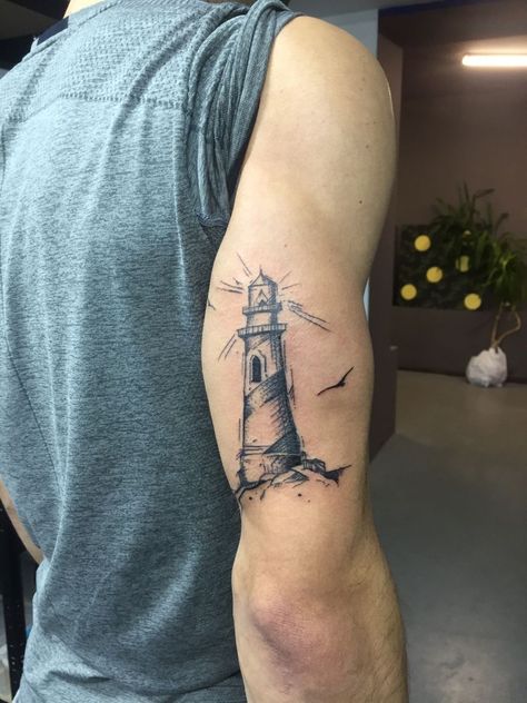 Lighthouse Tattoo Design Realistic, Seafarer Tattoo, Lighthouse Tattoo Men, Lighthouse Tattoo Design, Camp Tattoo, Lighthouse Tattoo Meaning, Lighthouse Tattoos, Beautiful Spine Tattoos, Nautical Tattoos