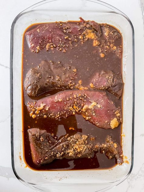 Baked Venison Backstrap, How To Cook Venison Backstrap, Baked Venison Steak, Venison Backstrap Marinade, Venison Marinade Recipes, Deer Tenderloin Recipes, Deer Backstrap Recipes, Deer Steak Recipes, Venison Tenderloin Recipes