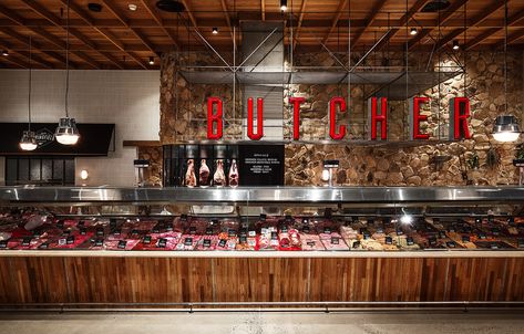 Butcher Store, Meat Store, Meat Restaurant, Meat Shop, Supermarket Design, Butcher Shop, Bulkhead Lights, Retail Design Blog, Shop Plans