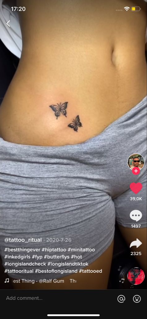 Butterflies Hip Tattoo, Tattoos Women Stomach, Lower Hip Tattoos Women, Butterflies On Stomach Tattoo, Women Lower Back Tattoos, Hip Butterfly Tattoo, Tattoo Ideas Lower Back, Butterfly Hip Tattoo, Butterfly Lower Back Tattoo