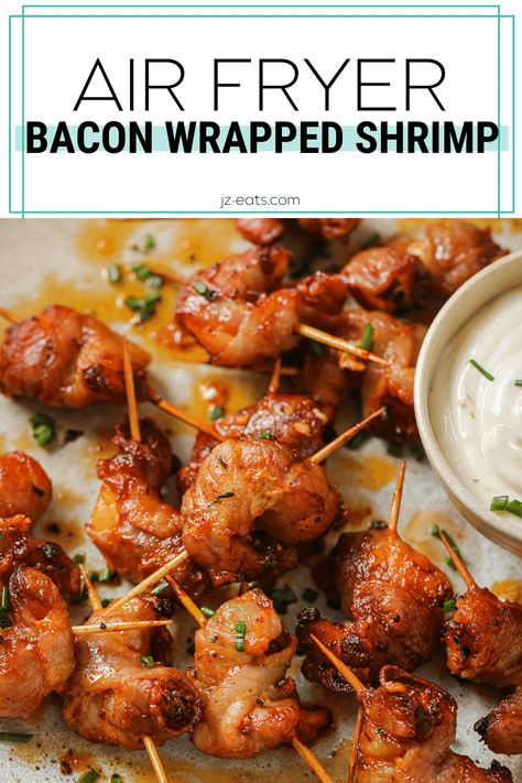 air fryer bacon wrapped shrimp on a plate Air Fryer Bacon Wrapped Shrimp, Bacon Wrapped Shrimp Air Fryer, Shrimp Jalapeno Poppers, Easy Bacon Wrapped Shrimp, Bacon Wrap Shrimp Recipes, Nye 2025, Recipe For Air Fryer, Air Fryer Bacon, Wrapped Shrimp