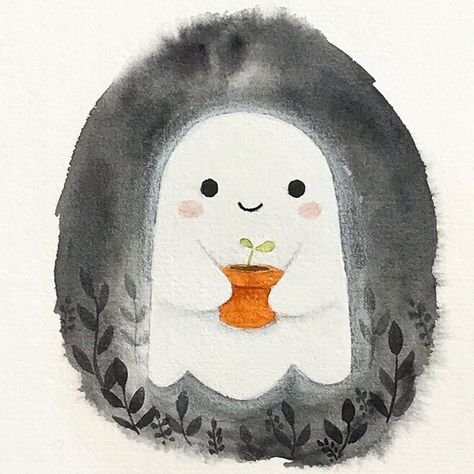 Friendly little ghost and seedling plant Lil Ghost, Ghost Drawing, Little Ghost, Art Corner, Halloween Illustration, Halloween Drawings, Art Halloween, Theme Halloween, A Ghost