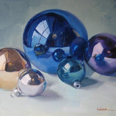 Painting by Sarah Sedwick ~ Jewel Tone Ornaments Paintings Tutorials, Reflection Art, Daily Painting, Painting Still Life, Still Life Art, Painting Class, Christmas Paintings, Artist Websites, Teaching Art