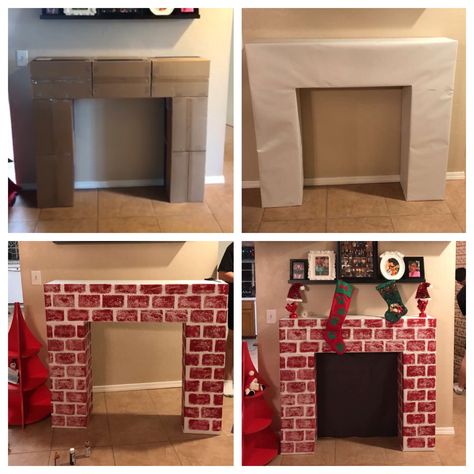 Diy Fireplace For Christmas, Diy Fake Christmas Fireplace, Diy Fireplace Boxes, Diy Fireplace Craft, Diy Box Fireplace, How To Make A Fireplace Out Of Boxes, Fireplace Diy Christmas, Christmas Fireplace Diy, Christmas Diy Fireplace