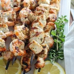 Grilled Lemon Oregano Chicken & Shrimp Skewers - Yummy Healthy Easy Shrimp And Chicken Recipes, Lemon Oregano Chicken, Shrimp And Chicken, Healthy Weekly Meal Plan, Oregano Chicken, Grilled Lemon, Chicken Shrimp, Shrimp Skewers, Eating Better