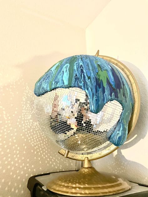 Melty Earth Disco Globe Melting Droopy Dripping Drip - Etsy Melting Mirror Ball, Melty Disco Ball, Melty Disco Ball Diy, Earth Disco Ball, Disco Globe, Disco Sculpture, Globe Upcycle, Spring Apartment, Cactus Paintings