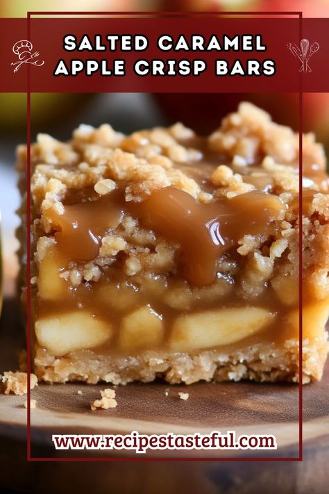 Perfect for fall! These bars have a buttery shortbread crust, juicy apple filling, and an irresistible oatmeal crumb topping with a drizzle of salted caramel. Apple Bars Easy, Oatmeal Crumb Topping, Apple Bar Recipes, Apple Crumb Bars, Apple Crisp Bars Recipe, Apple Crisp Bars, Christmas Cookies Bars, Caramel Apple Bars, Caramel Apple Crisp