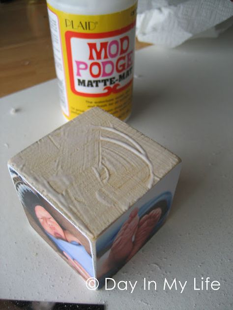 Photo Blocks Photo Blocks Diy Wood, Mod Podge Pictures, Diy Photo Cube, Picture Cube, Wood Craft Patterns, Mod Podge Crafts, Wood Block Crafts, Photo Cubes, Diy Blocks