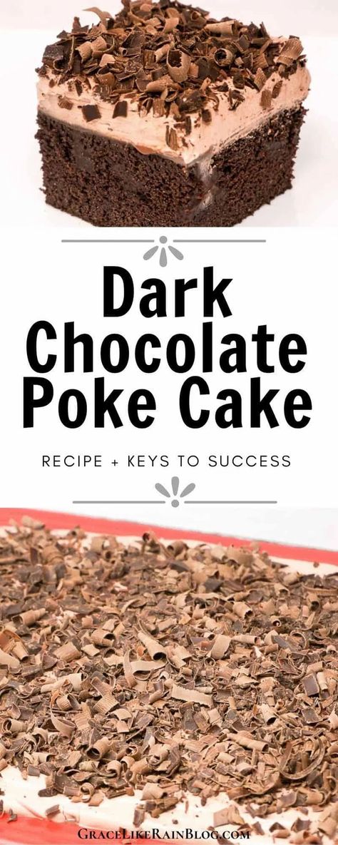 Dark Chocolate Poke Cake is a rich and fudgy dark chocolate cake that is filled and topped with so much chocolate that your taste buds won't know what hit them. It even has a giant-sized Hershey's Special Dark chocolate bar in it. Wow, that's a win! | Chocolate Poke Cake from box mix | Chocolate poke cake with hot fudge | fudge Poke Cake | Easy Poke Cake with Pudding | #pokecake #chocolate #cakemix #pudding #coolwhip Fudge Poke Cake, Poke Cake With Pudding, Easy Poke Cake, Cake With Pudding, Chocolate Caramel Slice, Pudding Poke Cake, Mix Chocolate, Chocolate Poke Cake, Dark Chocolate Cake