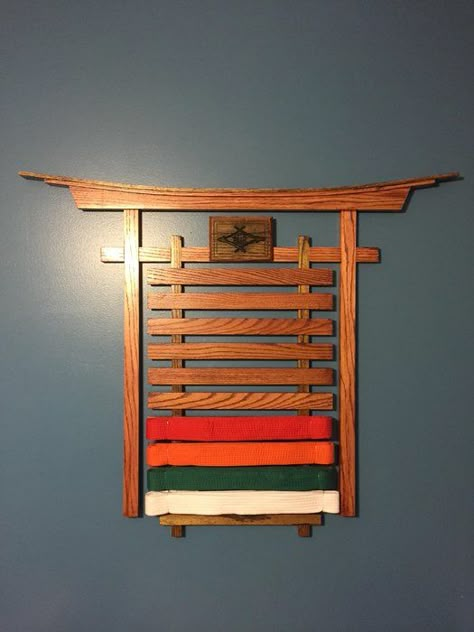 Karate Belt Holder | LumberJocks Woodworking Forum Belt Display Diy, Karate Belt Holder, Judo Belt, Taekwondo Belt Display, Belt Display Rack, Karate Belt Display, Martial Arts Belt Display, Dojo Ideas, Martial Arts Belts