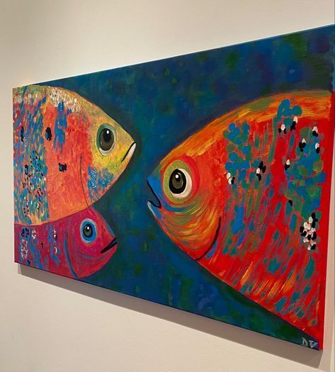 Funny Fish Paintings, Simple Fish Painting, Fish Painting Acrylic, Fish Art Painting, Abstract Fish Painting, Fish Painting Ideas, Balcony Decorating Ideas, Colorful Animal Paintings, Fish Paintings