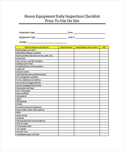 Equipment Checklist Template Inventory Checklist, Sign Out Sheet, Weekly Checklist, Estimate Template, Inspection Checklist, Order Form Template, Daily Checklist, Oil Light, Itinerary Template