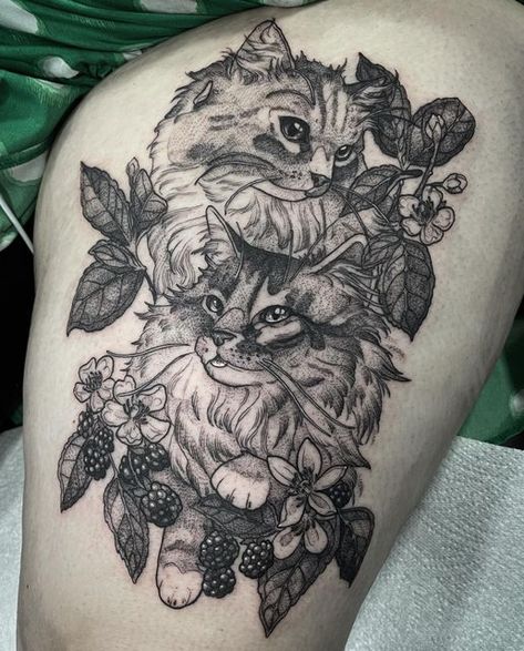 Black And White Cat Portrait Tattoo, Cat Tattoo Large, Large Cat Tattoo, Black Cat Portrait Tattoo, Long Hair Cat Tattoo, Long Haired Cat Tattoo, Cat Tattoo Thigh, Cat Thigh Tattoo, Cat Tattoo Portrait