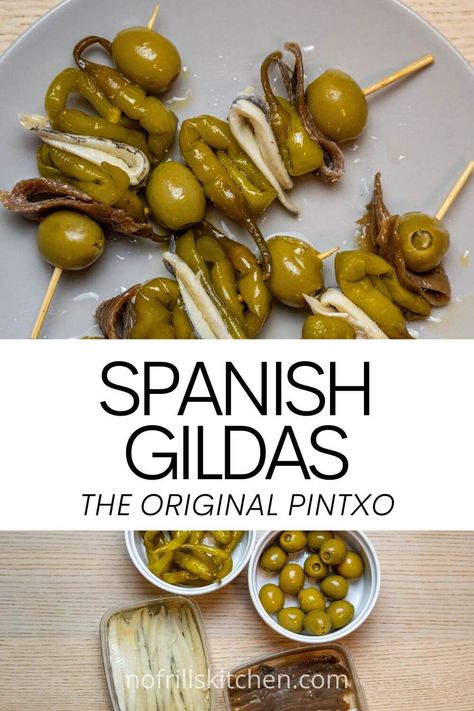 This recipe for Basque-style gildas is easy to execute and makes for the perfect appetiser or aperitivo for any occasion! Spanish Starters Appetizers, Anchovies Recipes Appetizers, Anchovy Canape, Tapas Style Food, Fresh Anchovies Recipes, Anchovy Tapas, Pinxtos Spanish, Anchovy Appetizer, Spanish Tapas Ideas