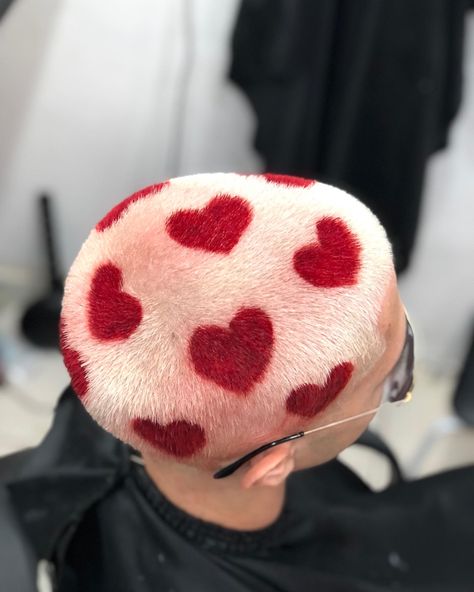 Heart Shaved Head, Leopard Print Buzzcut, Cool Buzz Cut Designs, Split Dye Buzz Cut, Buzz Cut Patterns, Dyed Buzzed Hair Women, Shaved Head Art, Dyed Buzzcut, Buzzed Hair Women