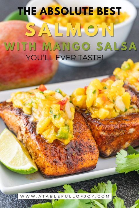 Salmon with mango salsa Pan Cooked Salmon, Salmon With Mango Salsa, Mango Salmon, Salmon With Mango, Mango Salsa Salmon, Best Salmon, Mango Salsa Recipes, Frozen Salmon, Shrimp Dinner