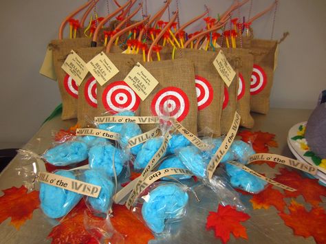 Brave goodie bags... burlap bags with targets, bow & arrows Ax Throwing Party, Ax Throwing, Party Goodie Bags, Braves Party, Burlap Bags, Bow Arrows, Goodie Bags, Archery, Holiday Parties