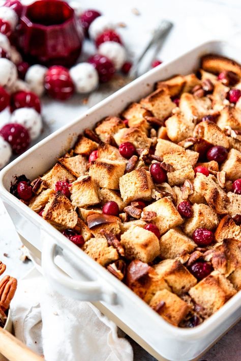 Want french toast without the hassle? Make this easy custard-like overnight baked french toast with challah, cranberries, pecans, cinnamon and eggnog! Simply prep it the night before and bake the next morning so you can enjoy a quick and easy holiday breakfast! #frenchtoast #eggnog #christmasrecipe #brunchcrecipe #easybrunchrecipe #breakfastcasserole Overnight Baked French Toast, Eggnog French Toast Bake, Overnight French Toast Bake, French Toast Bake Overnight, Christmas Breakfast Casserole, Easy Custard, Eggnog French Toast, Cranberry Cinnamon, Morning Meals