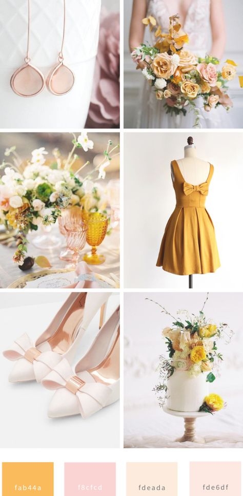 Vintage Yellow Bridesmaid Dresses, Mustard And Blush Wedding, Blush Pink And Yellow Wedding, Yellow And Blush Wedding, Pink Yellow Wedding Theme, Mustard Yellow Wedding Theme, Pink And Yellow Wedding Theme, Yellow Wedding Color Palette, Yellow Pink Wedding