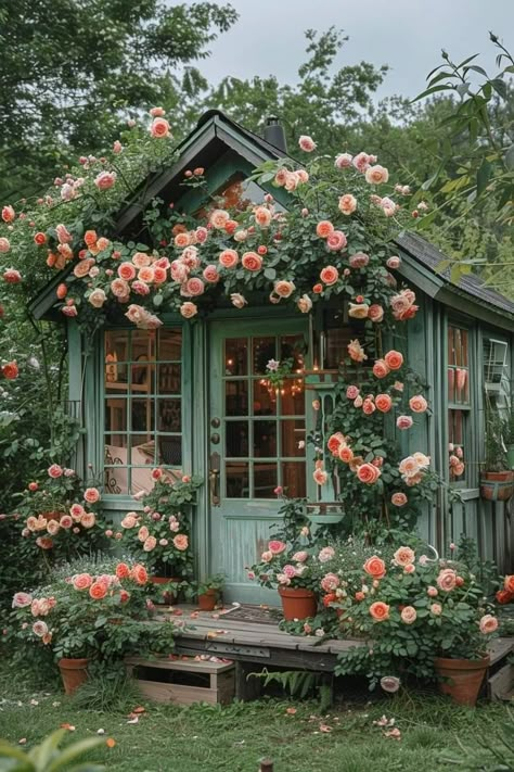 Garden Shed Aesthetic, Flower Cottage Aesthetic, Fairy Cottage Aesthetic House, Pink Gardening Aesthetic, Fairytale Cottage Exterior Garden, Flower Bed Edging, Garden Nook, Cottage Retreat, Cottage Garden Design