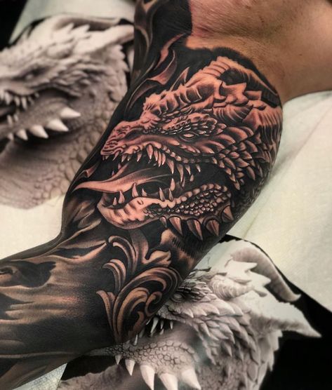 Dragon Tattoo Inner Bicep, Dragon Leg Tattoo Men, Dragon Forearm Tattoo, Bicep Tattoo Ideas, Horror Sleeve, Dragon Tattoo Chest, Dragon Medieval, Bicep Tattoo Men, Half Sleeve Tattoos Forearm