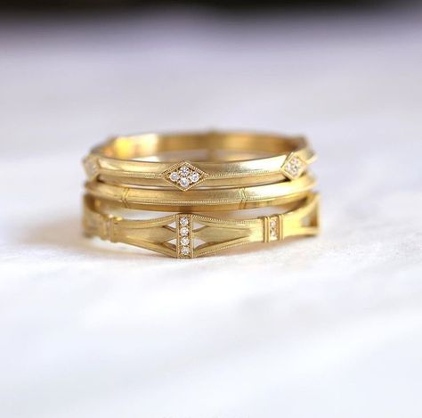 Contemporary Bridal Jewellery, Stacked Wedding Bands, Unique Diamond Rings, Gold Rings Fashion, Custom Ring Designs, Unique Diamonds, Fine Jewelry Designers, Engraved Rings, Wedding Ring Sets