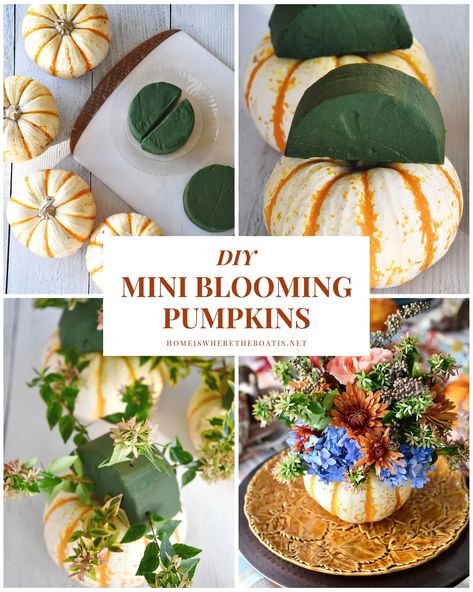 DIY MIni Blooming Pumpkins for Thanksgiving #thanksgiving #tablescape #turkey #pumpkin #floral #centerpiece #diy ©homeiswheretheboatis.net Thanksgiving Pumpkin Decorating, Pumpkin Table Centerpiece, Pumpkin Tablescape, Thanksgiving Centerpieces Diy, Chocolate Turkey, Turkey Napkins, Pumpkin Floral Arrangements, Diy Turkey, Centerpiece Diy