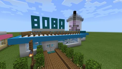 cute boba tea store built in minecraft!!! Cute Minecraft Shops Ideas, Minecraft Jewelry Store, Mincraft Idea Restaurant, Restaurant In Minecraft, Minecraft Fancy Restaurant, Minecraft Stores Ideas Interior, Store Minecraft Ideas, Minecraft Boba Shop, Stores Minecraft