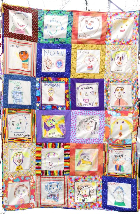 Art quilt. Children drew with non-soluable markers on fabric, which was cut and sewn into a patchwork quilt. School Quilts Ideas, Quilt Crafts For Preschool, Doodle Quilt, Friendship Preschool Crafts, Classroom Quilt, Kindness Quilt, Teacher Quilt, Class Quilt, Preschool Friendship