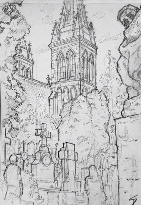 Cemetery Reference, Cemetery Art Drawing, Cemetery Drawing, Cemetery Sketch, Cemetery Sketch Drawings, Cathedral Sketch, Old City Drawing, Cemetery Ink Drawing, Old Buildings Sketch