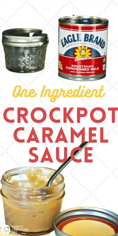 How to Make Slow Cooker Caramel Sauce or Dulce de Leche from a can of sweetened condensed milk. Great for homemade gift ideas/ Homemade Holiday Gift ideas. Homemade Caramel Sauce. Find a printable recipe on TodaysCreativeLife.com Crockpot Caramel Sauce, Sweet Condensed Milk Caramel, Crockpot Baking, Crockpot Caramel, Slow Cooker Caramel, Caramel From Condensed Milk, Homemade Holiday Gift Ideas, Sweetened Condensed Milk Recipes, Eagle Brand Milk