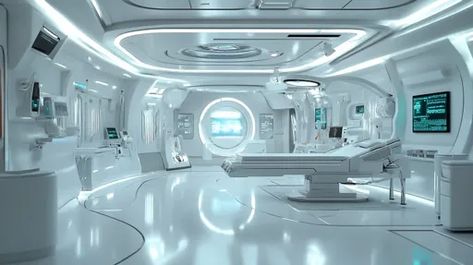 ↑↑↑ Larger size on website 🔸 The image shows a futuristic medical facility with a sterile and minimalist design. The room is domi Medical Facility Design, Hospital Design Architecture, Hospital Design, Medical Field, Advanced Technology, Minimalist Design, Medical, Architecture Design, Technology