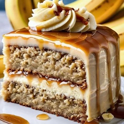 Heavenly Banana Caramel Dream Cake Recipe | Delightful Dessert Caramel Banana Cake, Optimal Recipes, Easy Layer Cake, Caramel Cake Recipe, Banana Caramel, Caramel Filling, Cake Story, Layer Cake Recipes, Jamie Oliver Recipes