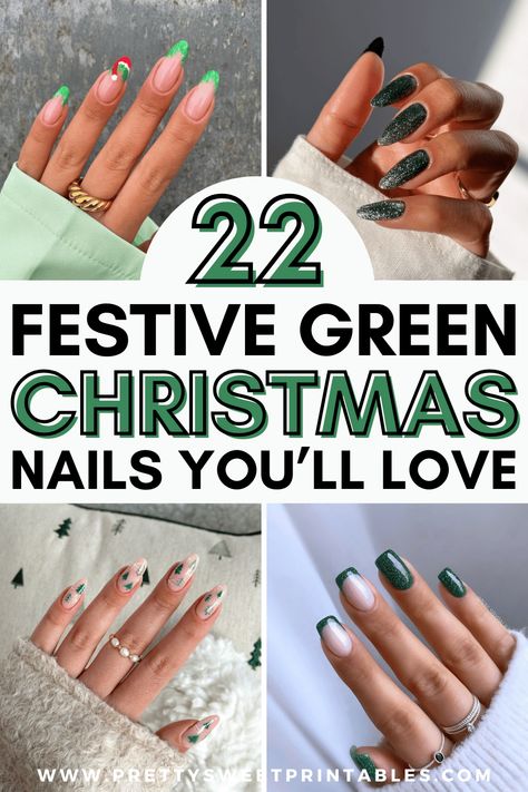 green Christmas nails designs ideas Holiday Nails Green And Red, Nails For December Holidays, Forest Green Holiday Nails, Bright Green Pedicure, Winter Nails Green Gold, Christmas Gel Nails Short Green, Subtle Green Christmas Nails, Sparkly Green Nails Christmas, Green Tip Christmas Nails