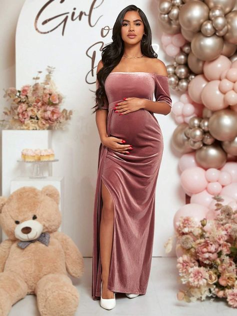 SHEIN Maternity Off Shoulder Split Thigh Velvet Dress | SHEIN USA Velvet Maternity Dress, Vestidos Para Baby Shower, Pregnant Party Dress, Latest Maternity Dresses, Maternity Fashion Dresses, Pink Maternity Dress, Shein Maternity, Split Hem Dress, Cute Maternity Outfits