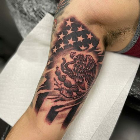 Mexican And American Flag Tattoo, Mexican Cultural Tattoos, Mexican And American Flag, Mexico Flag Tattoo, Mexican American Tattoos, Mexican Flag Tattoos, Mexican Inspired Tattoos, Tattoo 101, American Flag Tattoos