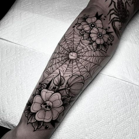 Spiderweb And Flower Tattoo, Spiderweb Flower Tattoo, Spiderweb Tattoo, Gothic Tattoos, California Tattoo, Inner Forearm Tattoo, Armband Tattoos, Inner Forearm, Flowers Tattoo