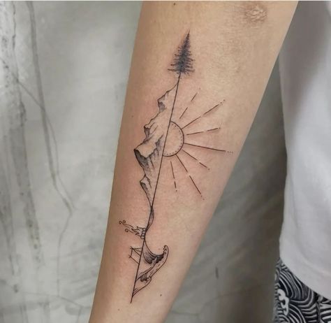 Trees Arm Tattoo, Tree Mountain Wave Tattoo, Couples Tattoos Mountains, 5 Elements Of Nature Tattoo, Vertical Forearm Tattoo, Mountain And Waves Tattoo, Elements Of Nature Tattoo, Mountain Forearm Tattoo, Simple Pine Tree Tattoo