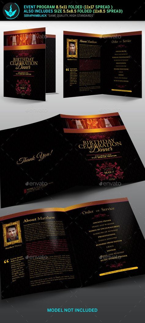 Royal Birthday Celebration Event Program Template Informational Brochure Template by SeraphimBlack. Program Of Events Design, Birthday Programme Sample, Event Program Design, Harlem Nights Theme Party, Voucher Sample, Informational Brochure, Harlem Nights Theme, Event Poster Design Inspiration, Elegant Brochures