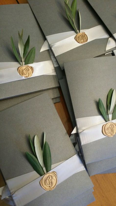 diy stationery Gorgeous wedding invitations with real olive leaves satin ribbon and then seal. - G 카드 디자인, בר מצווה, Beautiful Wedding Invitations, Watercolor Invitations, Watercolor Wedding Invitations, Engagement Cards, Wedding Calligraphy, Elegant Invitations, Wedding Stationary