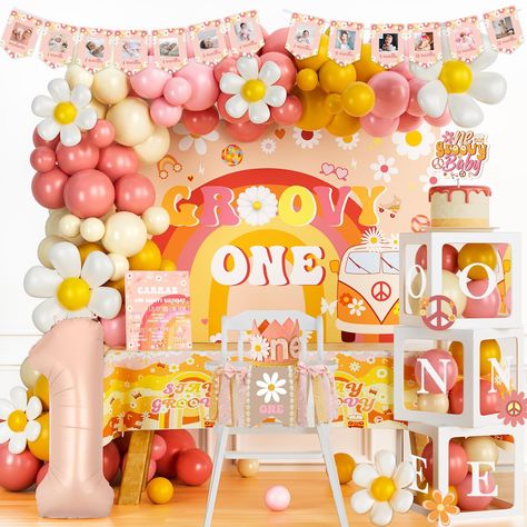 PRICES MAY VARY. 【GROOVY BRIGHT 1ST BIG DAY】🌼 Celebrate this wonderful day with a trendy and cute party! Orange and pink, with lovely daisy create a warm atmosphere. This boho decoration is perfect for your little one's first birthday party and a fun way to make a difference for everyone involved! 【GROOVY ONE BIRTHDAY DECORATIONS SET】🌞 80 x 12’’ latex balloons, 40 x 5’’ latex balloons, 7 x foil balloons, 9 x cutouts, 1 x backdrop, 1 x tablecloth, 2 x banners, 1 x cake topper, 3 x balloon boxes August Birthday Theme, First Birthday Girl Themes, Groovy First Birthday, Groovy One First Birthday, Backdrop Balloon Garland, Groovy One Birthday, First Birthday Decorations Girl, Cutout Poster