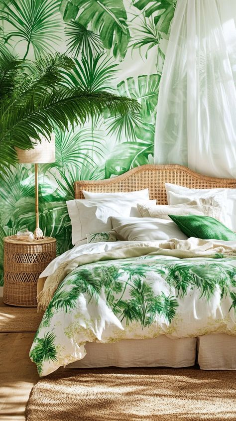 Transform your bedroom into a vibrant retreat with lush greens, palm prints, and natural rattan accents. Add layers of comfort with soft, tropical-inspired textiles and greenery 🌴✨. #TropicalBedroom #PalmPrints #RattanDecor #HomeInspiration #BedroomDecor #TropicalVibes Industrial Bedrooms, Bedrooms Vintage, Glam Bedrooms, Bedrooms Boho, Bedrooms Farmhouse, Scandinavian Bedrooms, Bedrooms Cozy, Rattan Accents, Vintage Bedrooms