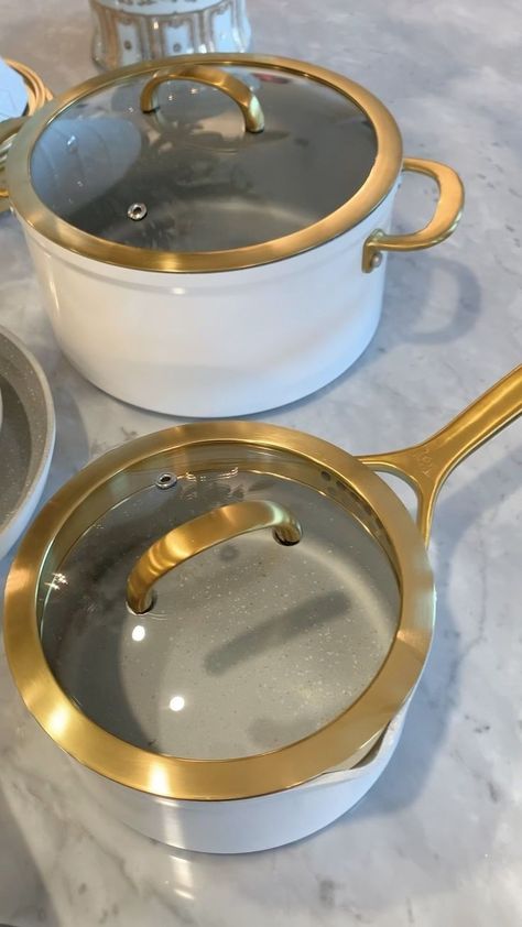 White Gold Cookware, Thyme And Table Cookware, White And Gold Pots And Pans, White And Gold Kitchen Accessories, Kitchen Rug Placement, Kitchen Small Apartment, Thyme And Table, Kitchen Rug Ideas, Gold Kitchen Decor