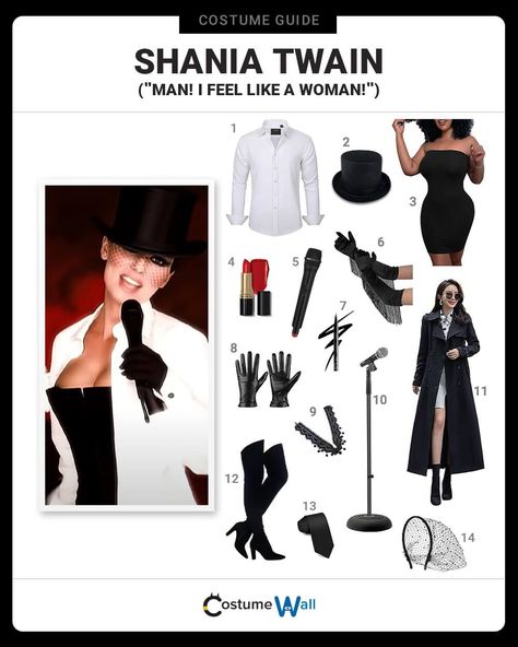 Shania Twain (”Man! I Feel Like A Woman!”) Costume Shania Twain That Dont Impress Me Much Costume, Shania Twain Man I Feel Like A Woman Costume, Shania Twain Costume, Costume White Dress, Fringe Gloves, Fake Microphone, Costume Wall, Long Black Gloves, Got Costumes