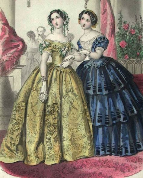 1850. Evening dresses, beautiful shades of blue and yellow. 1860s Fashion, 1850s Fashion, 1860 Fashion, 1800s Fashion, 19th Century Fashion, History Fashion, Retro Mode, Victorian Women, Edwardian Fashion